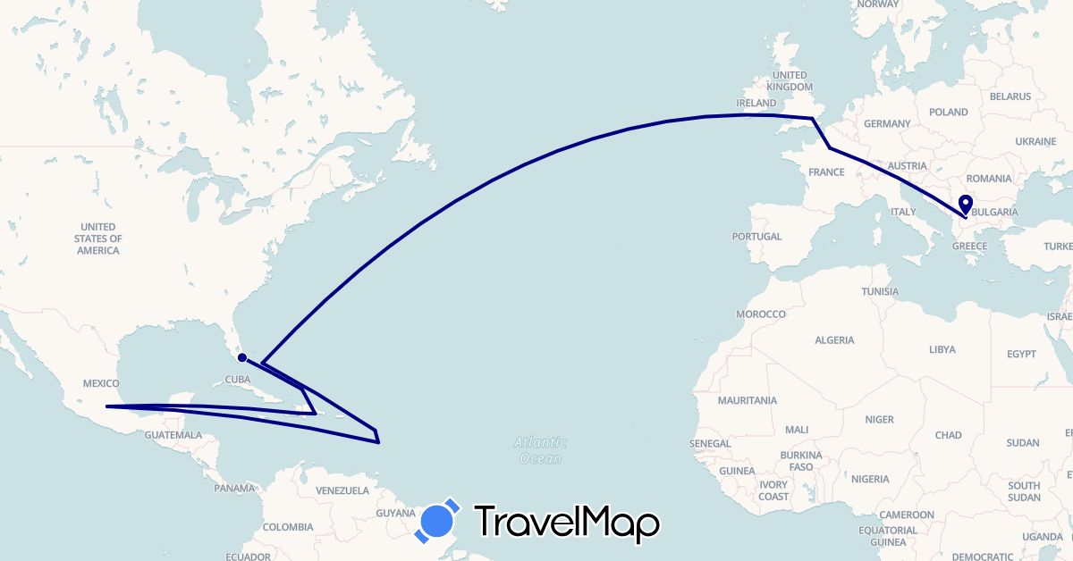 TravelMap itinerary: driving in Bahamas, Dominican Republic, France, United Kingdom, Haiti, Macedonia, Mexico, Turks and Caicos Islands, United States (Europe, North America)